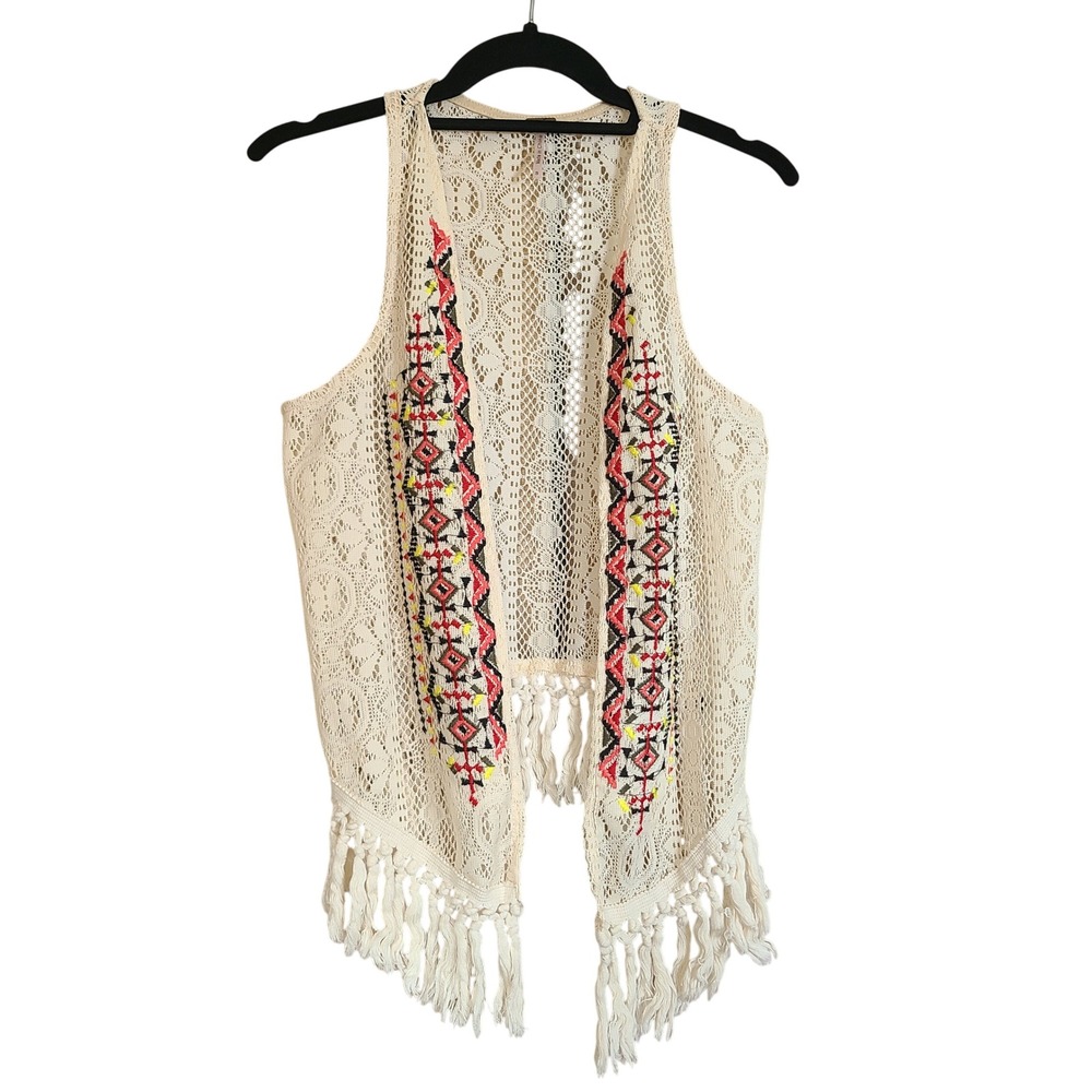 Poof Lace Fringe Vest Womens Small Cream Embroidered Boho Sleeveless Festival